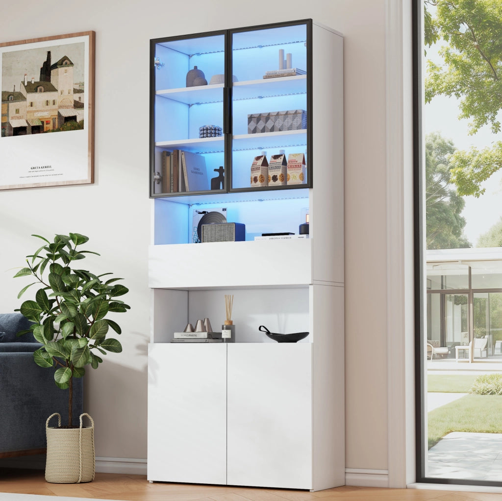 Vetrina verticale 70x30x200 cm con LED; ante in vetro e cassetto; bianca