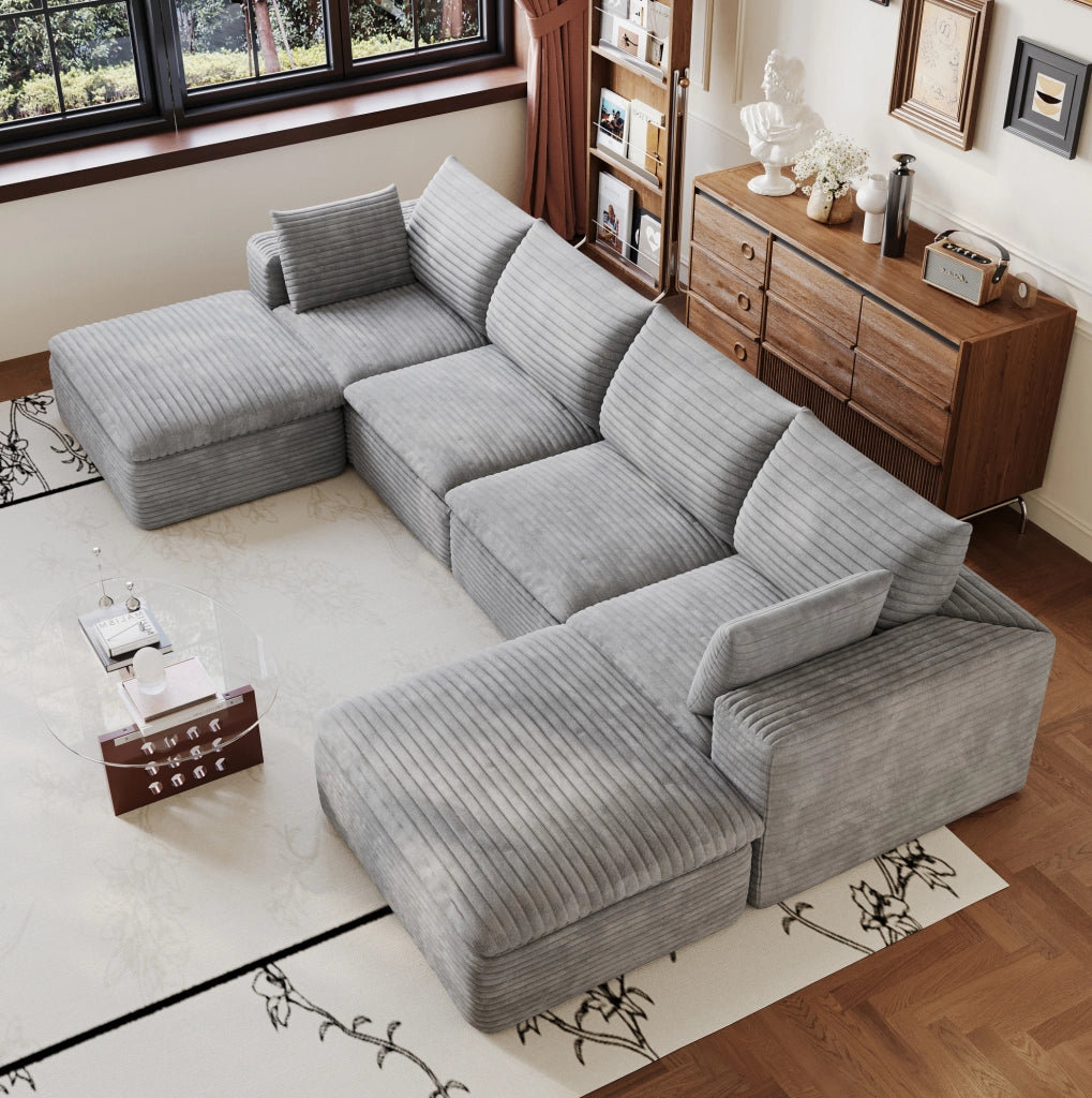 Divano modulare 340x160x82 cm in tessuto a coste grigio scuro con cuscini sfoderabili