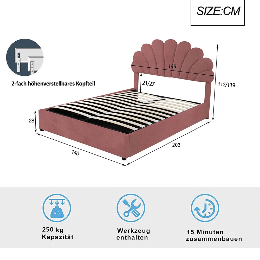Letto bambino con cassone - Xylo - 140x200 cm - velluto rosa