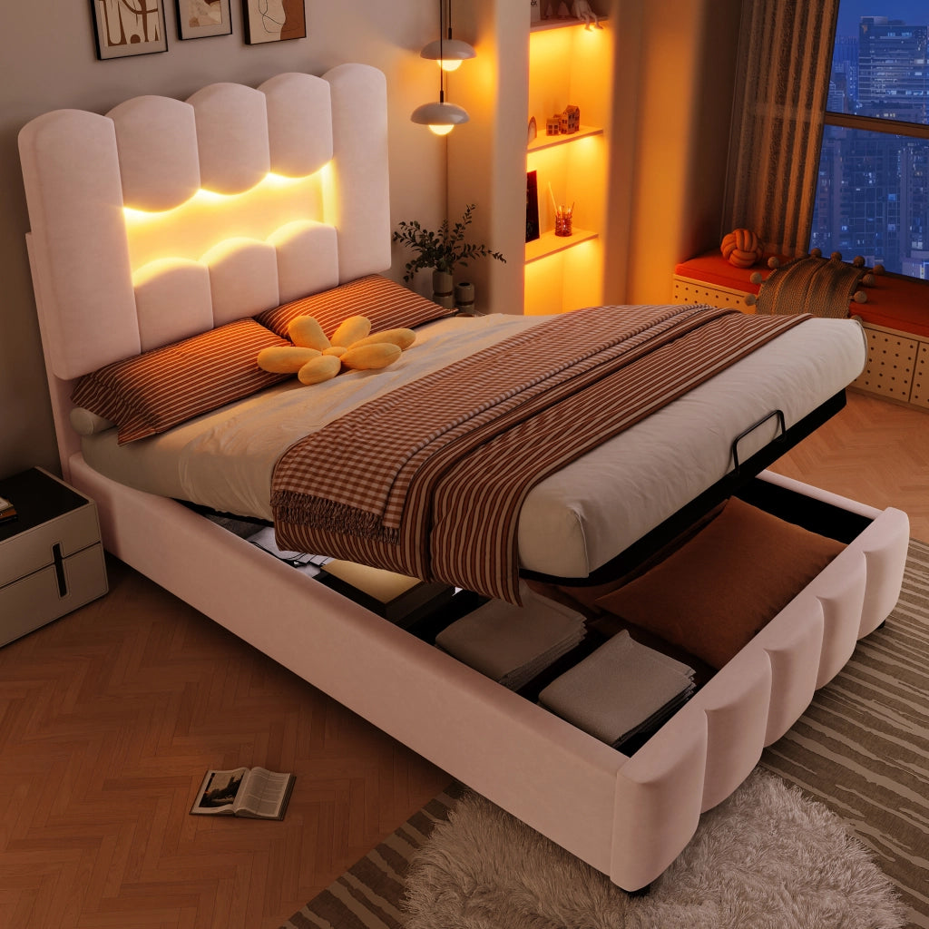 Letto Singolo Imbottito 90x200 cm in Velluto con Contenitore Idraulico; LED; Testiera; Rosa