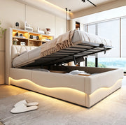 Letto imbottito 140x200 cm con contenitore idraulico, illuminazione LED controllata via app, struttura metallica e rivestimento in lino beige