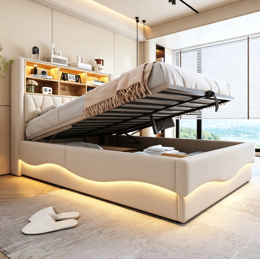 Letto imbottito 140x200 cm con contenitore idraulico, illuminazione LED controllata via app, struttura metallica e rivestimento in lino beige