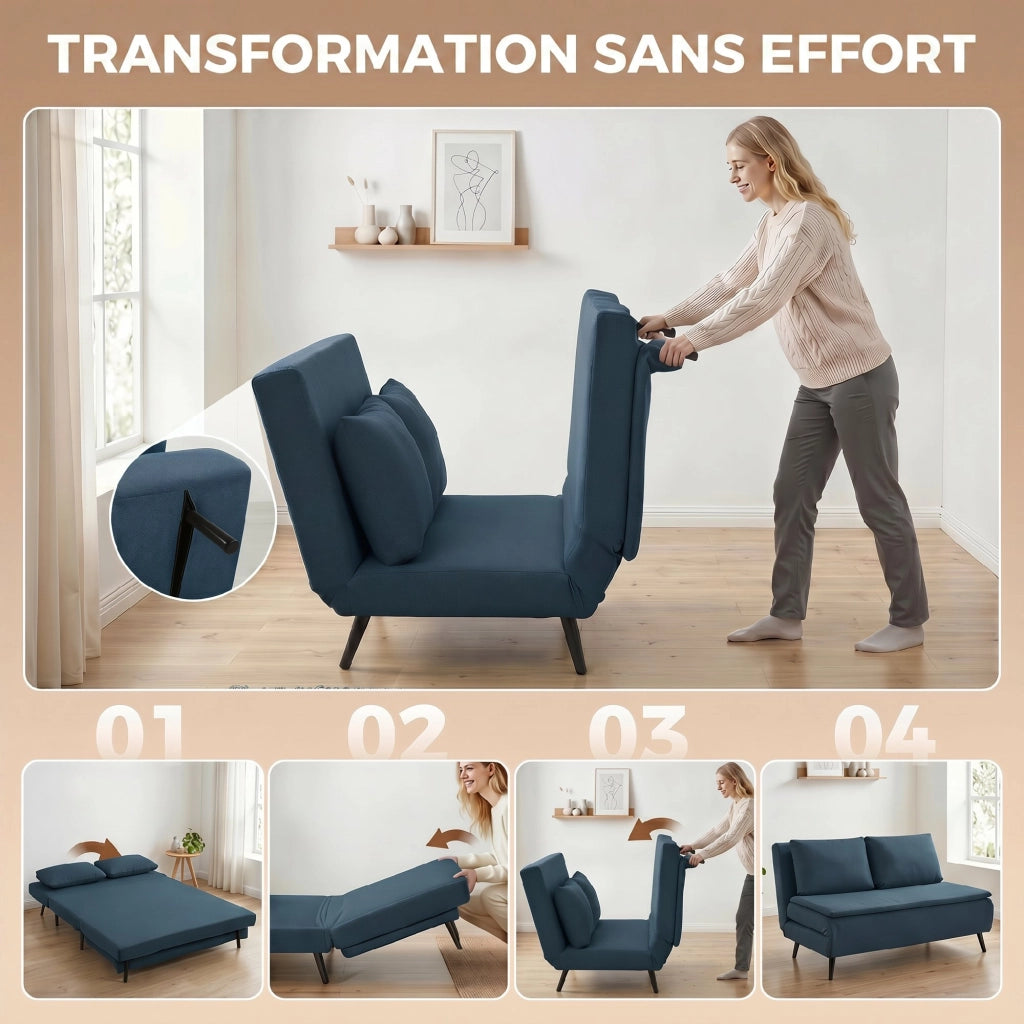 Divano Letto 3 in 1 ¨C Minimal ¨C Blu, Tessuto, Dossier Regolabile, Cuscino