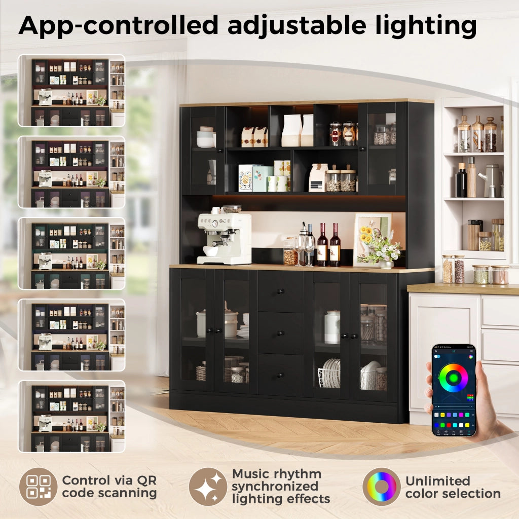 Credenza 6 ante con 3 cassetti e ripiani regolabili con LED RGB prese USB per cucina soggiorno in MDF nero naturale