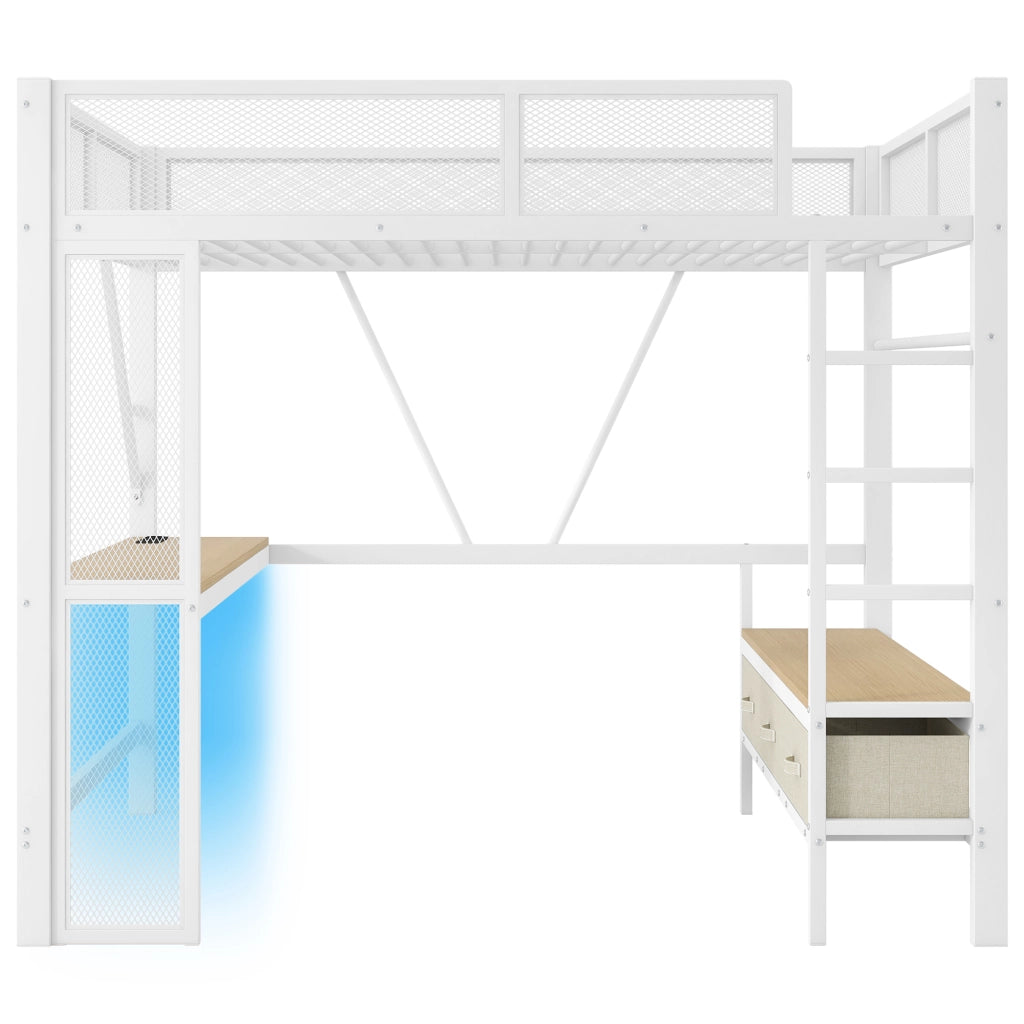 Letto a soppalco 90 ¡Á 200 cm con scrivania; armadio aperto; ripiani; LED e porte USB in legno bianco