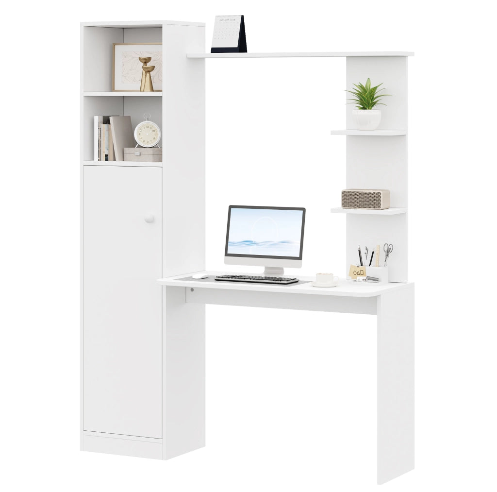 Scrivania multifunzione con armadio e scaffali in MDF bianca