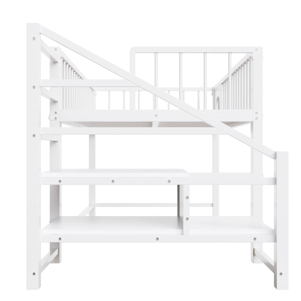 Letto a Soppalco Basso per Bambini Singolo 90x200 cm Struttura in Metallo Bianco con Scala Contenitore