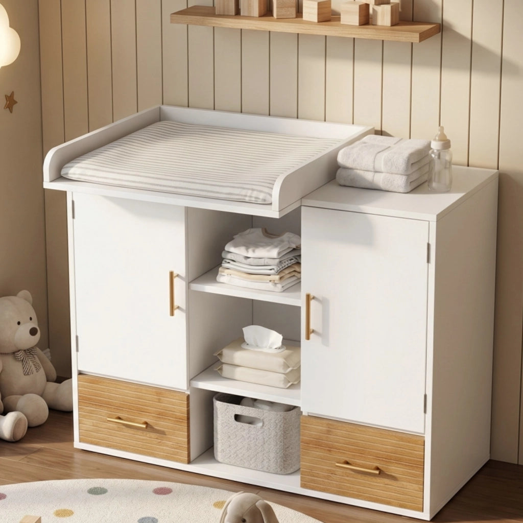Mobile contenitore fasciatoio con 2 cassetti, ante e ripiani, per cameretta, in MDF, naturale e bianco, 114 × 53 × 92 cm