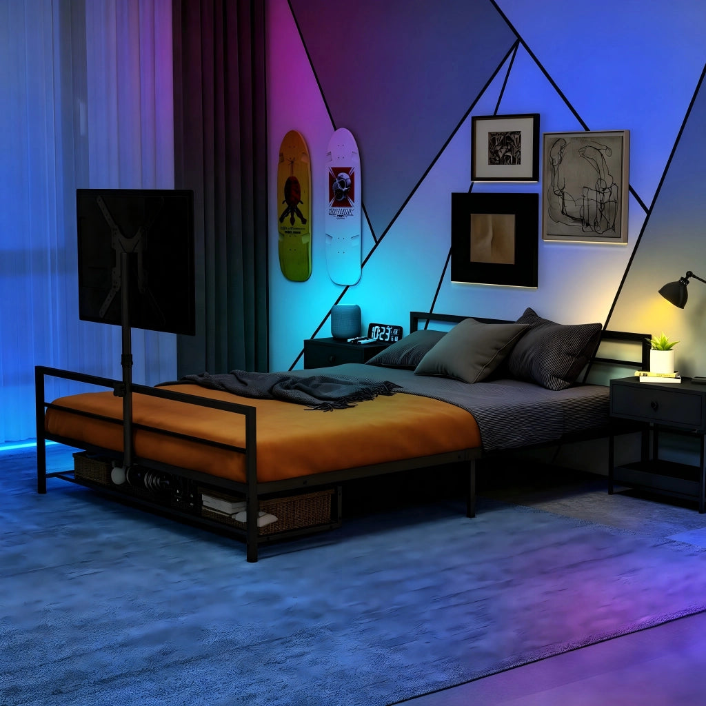 Letto gaming nero in metallo con supporto regolabile, LED e cesti contenitore sotto il letto, lunghezza 206 cm