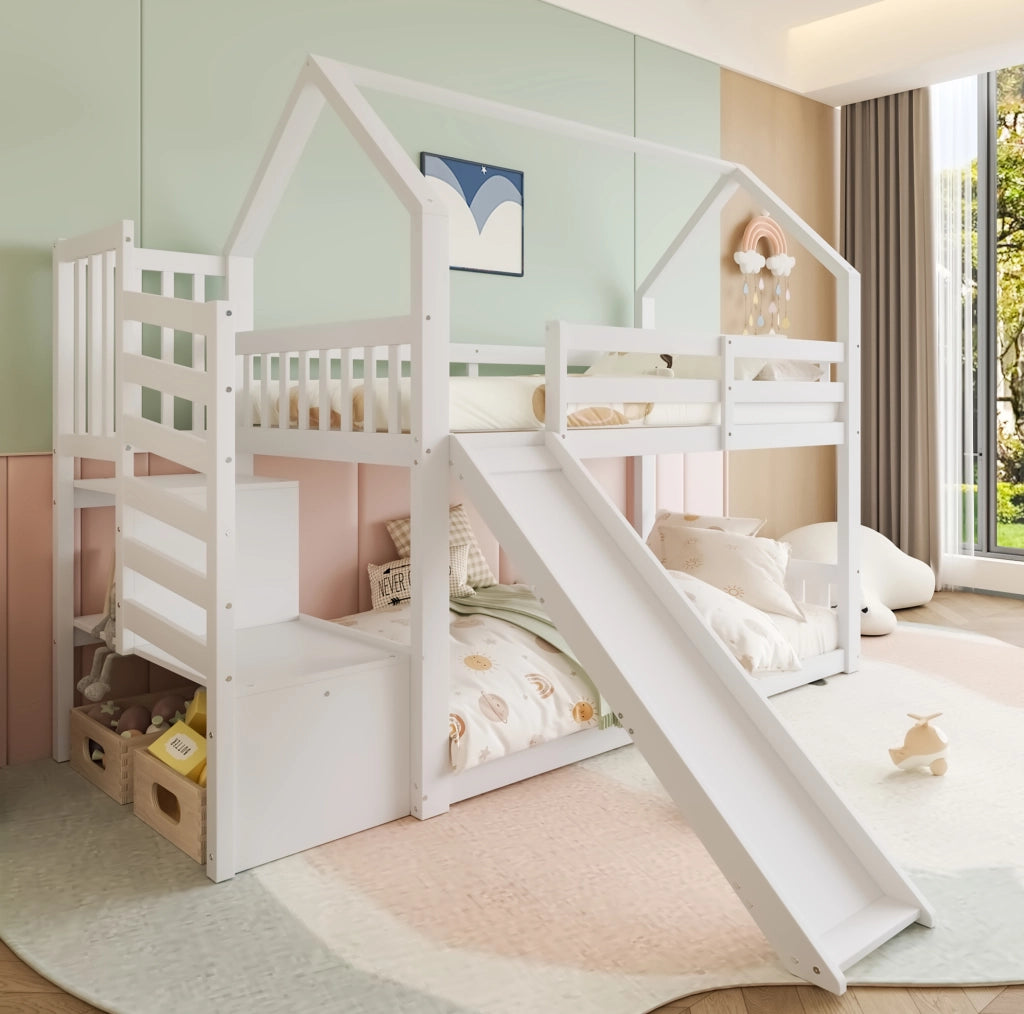 Letto a castello per bambini con scala contenitore; scivolo e sponde; 90x200 cm; pino e MDF; bianco