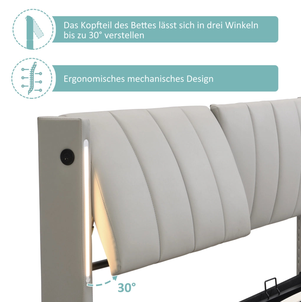 Letto imbottito 140x200 cm con USB e LED; testiera regolabile; PU grigio