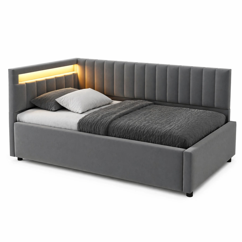 Letto divano imbottito 90x200 cm con illuminazione LED e vano contenitore idraulico, tessuto in velluto grigio, design classico a righe verticali