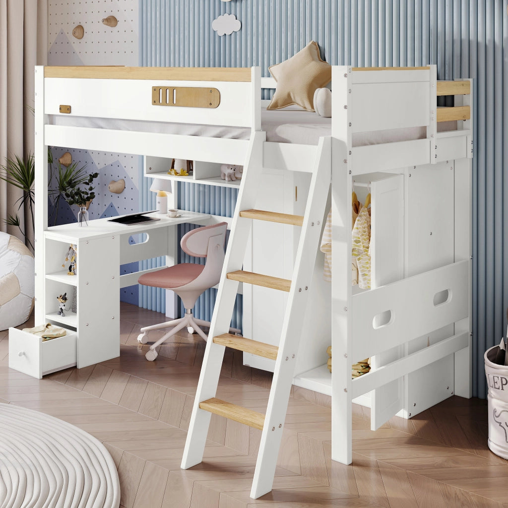 Letto a soppalco con scrivania e armadio in pino; MDF e compensato; 90x200 cm; bianco e naturale per cameretta