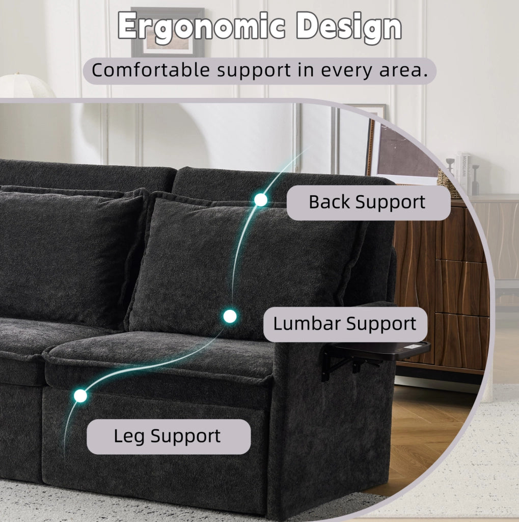 Divano letto pieghevole nero in chenille con schienale regolabile a 5 livelli e porta USB integrata