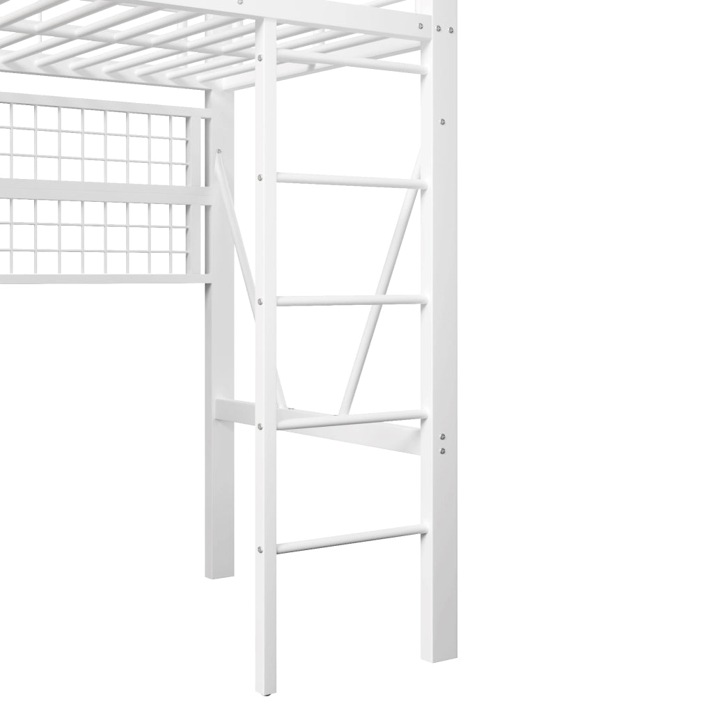 Letto a soppalco 90 × 200 cm 1 posto con LED regolabile, mensola e rete appendiabiti, senza materasso, bianco