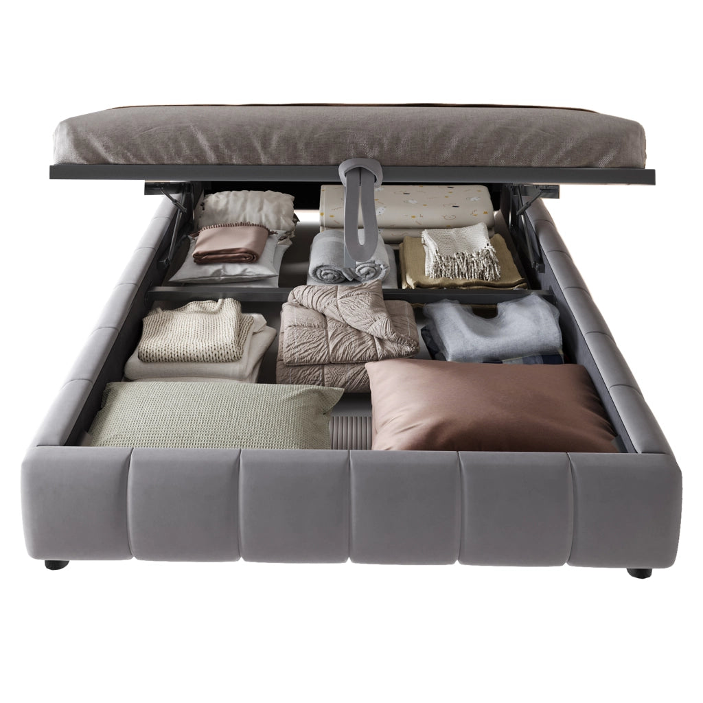 Letto contenitore 140 × 200 cm con sollevamento idraulico LED bianco struttura in velluto grigio