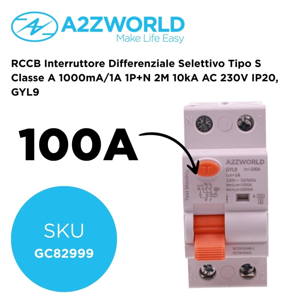 RCCB Interruttore Differenziale Selettivo Tipo S Classe A 1000mA/1A 1P+N 2M 10kA AC 230V IP20, GYL9, Corrente Disponibili 63A 100A (100A)