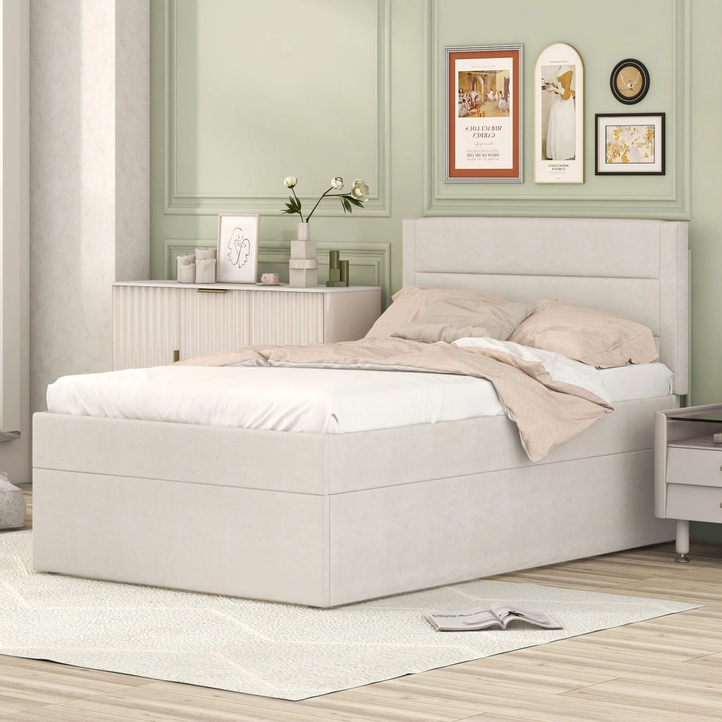 Letto Singolo 90x200 cm Contenitore con Rete a Doghe; in Legno Massello e MDF; Beige