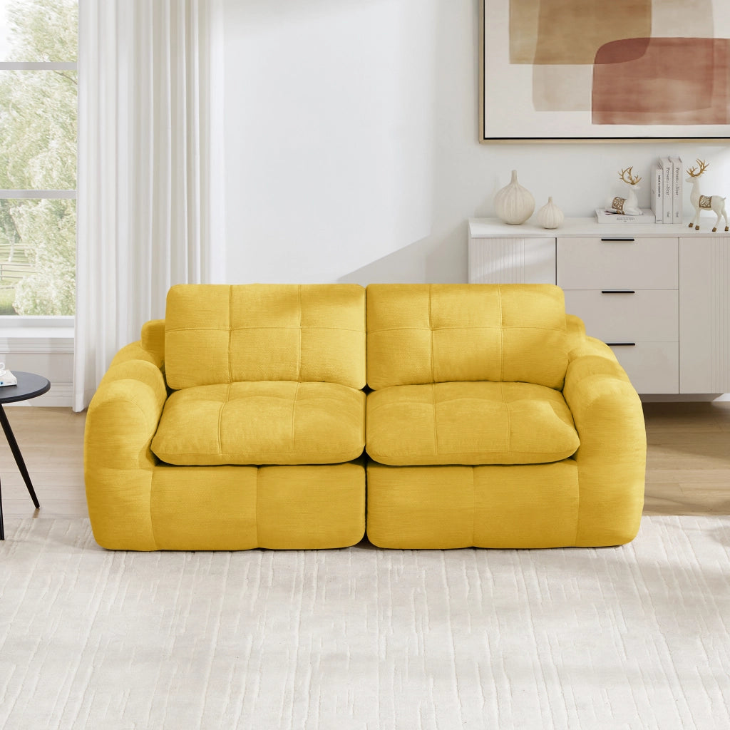 Divano modulare a 2 posti in ciniglia giallo con seduta profonda e braccioli 68 × 194 × 97 cm