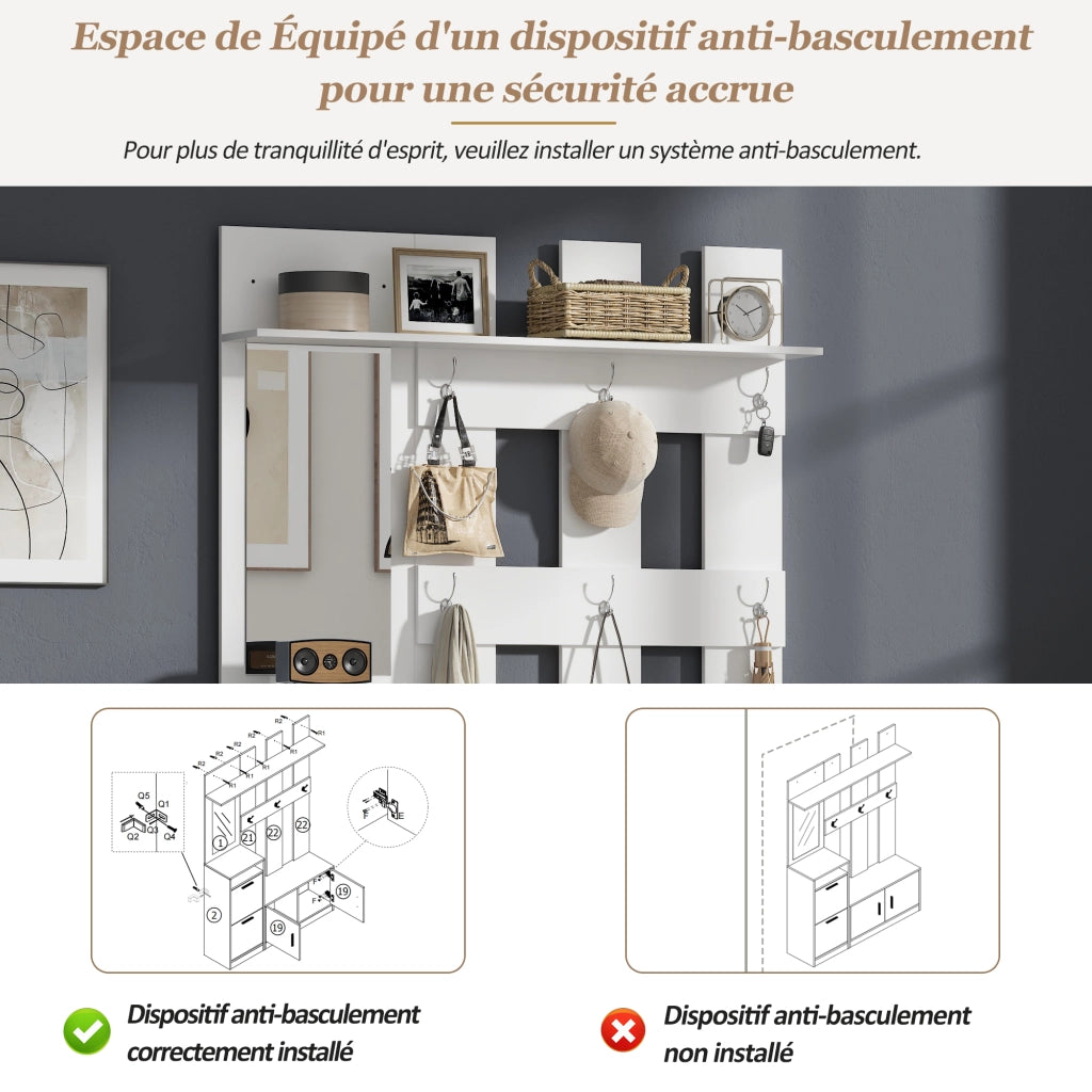 Guardaroba da ingresso con scarpiera a ribalta; specchio; sei ganci e panca in MDF bianco opaco 120 × 30 × 180 cm