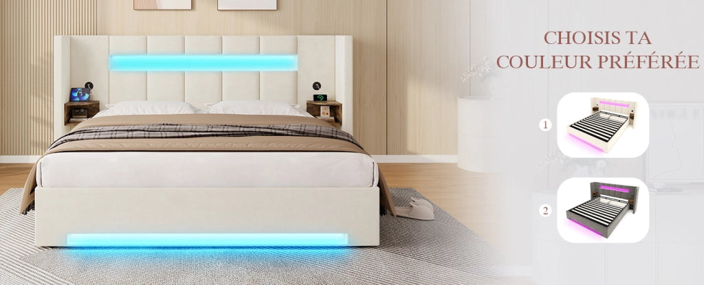 Letto con struttura in velluto 160x200 cm con testiera larga, doppi USB, armadietti retro, luci LED e grande contenitore sottostante con tessuto non tessuto
