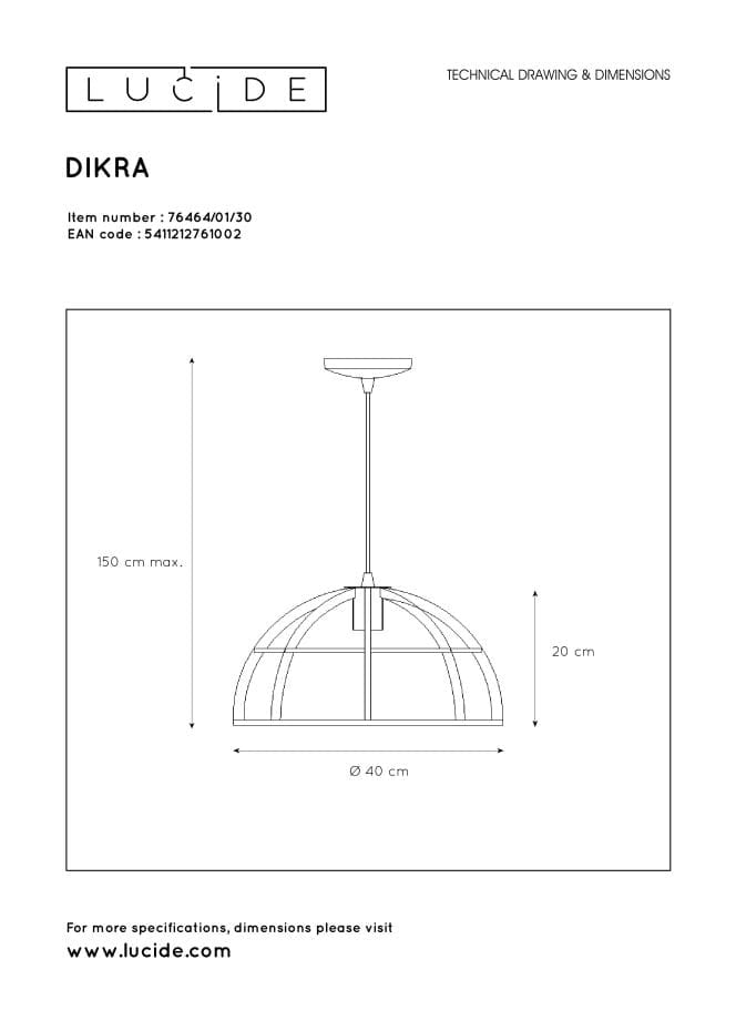 Lampada a sospensione Lucide Dikra Ø40 nera E27 dimmerabile