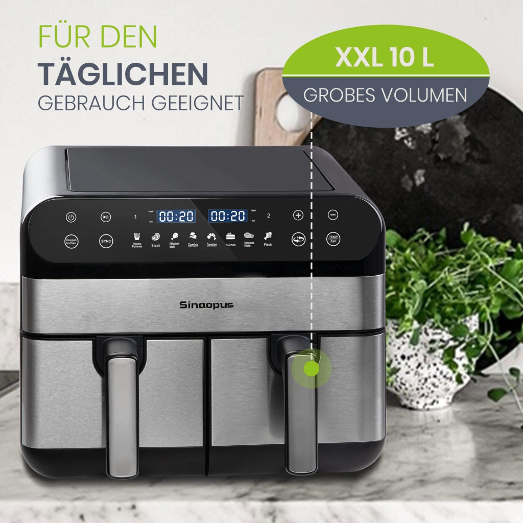 Friggitrice ad aria 10 l a doppio cestello indipendente 2400 W con display LED touch e 8 programmi colore nero