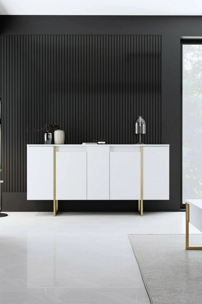Credenza Arta, Buffet da soggiorno, Madia da salotto, Dispensa da cucina, 160x35h80 cm, Bianco e Oro