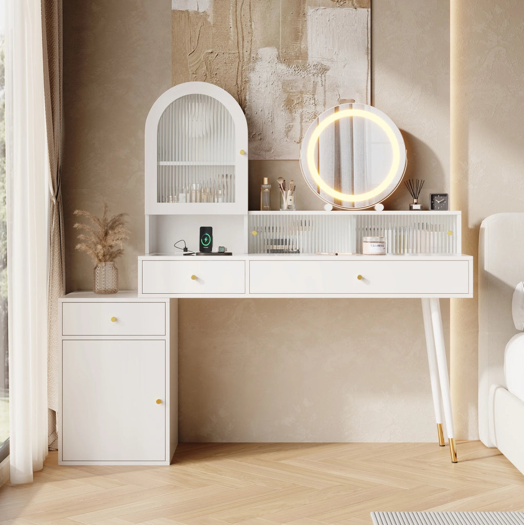 Toeletta bianca regolabile con specchio LED, prese e vano contenitore, 140×40×140 cm