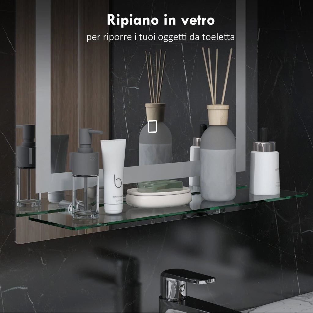 Specchio Bagno a LED con Mensola Vetro ¨C Zephmum ¨C Argento 50x12x70 cm
