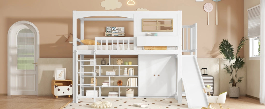 Letto a soppalco per bambini con scivolo; armadio e ripiani; in pino; MDF e compensato; bianco e naturale; 90x200 cm