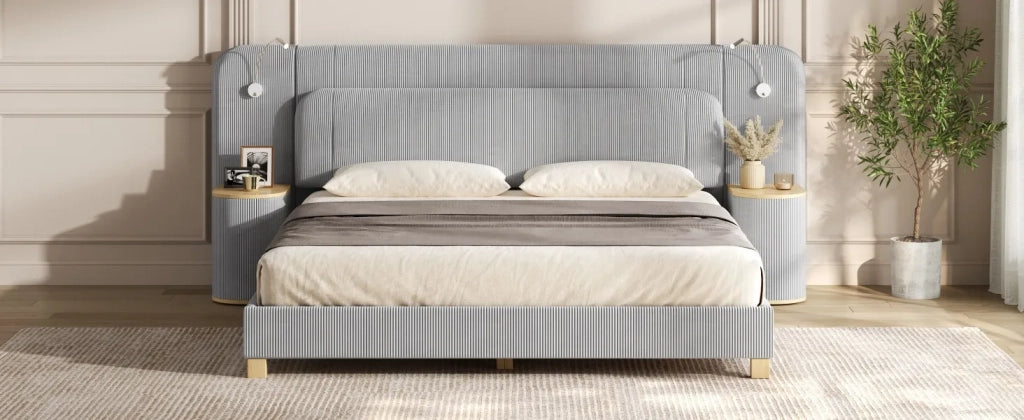 Letto 180x200 cm in velluto a coste grigio con comodino e lampada da notte