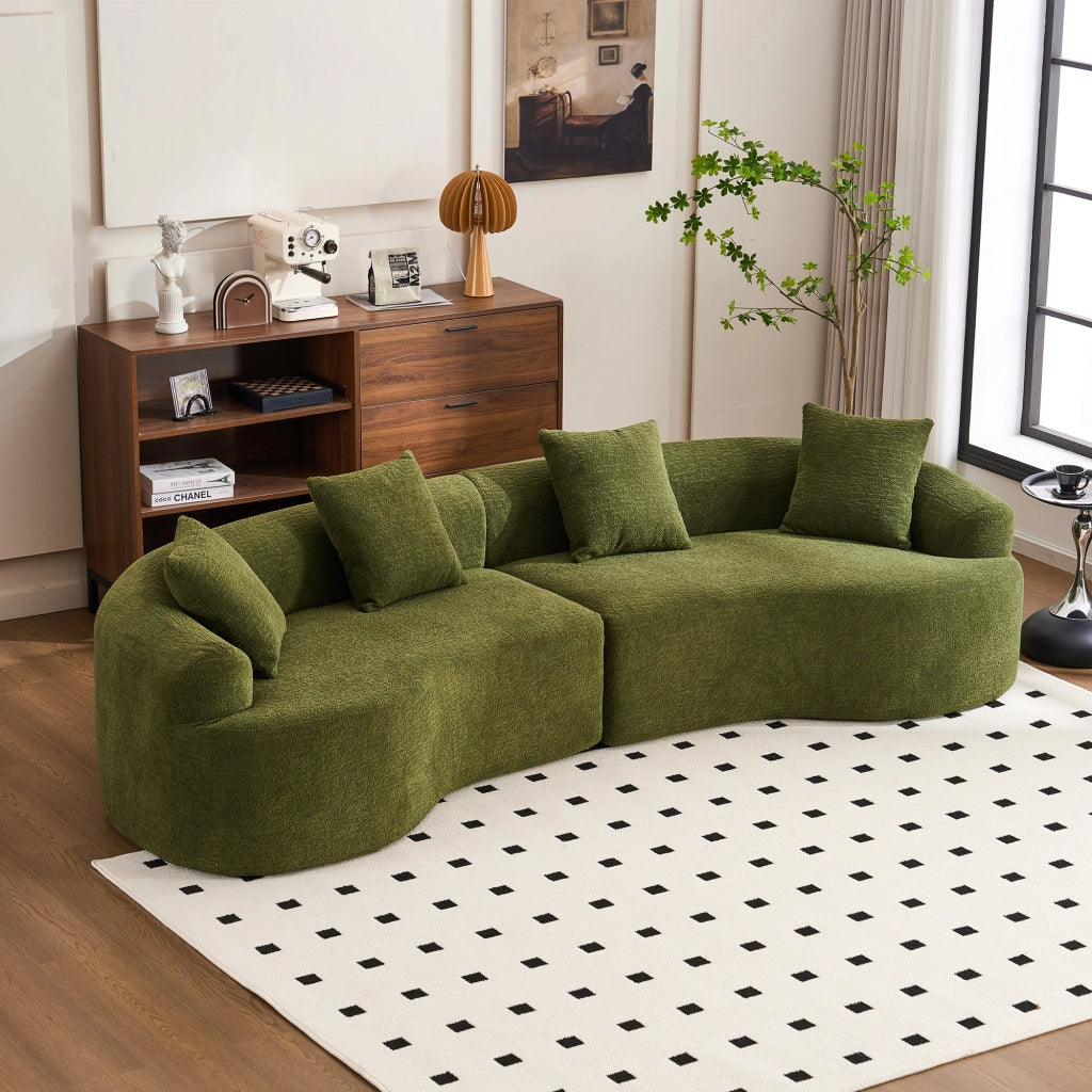 Divano curvo da 275 cm in ciniglia verde con moduli indipendenti senza montaggio