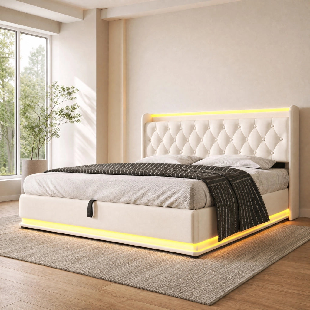 Letto con contenitore 140 × 200 cm con LED a 360 gradi testiera imbottita USB Type-C in PU bianco