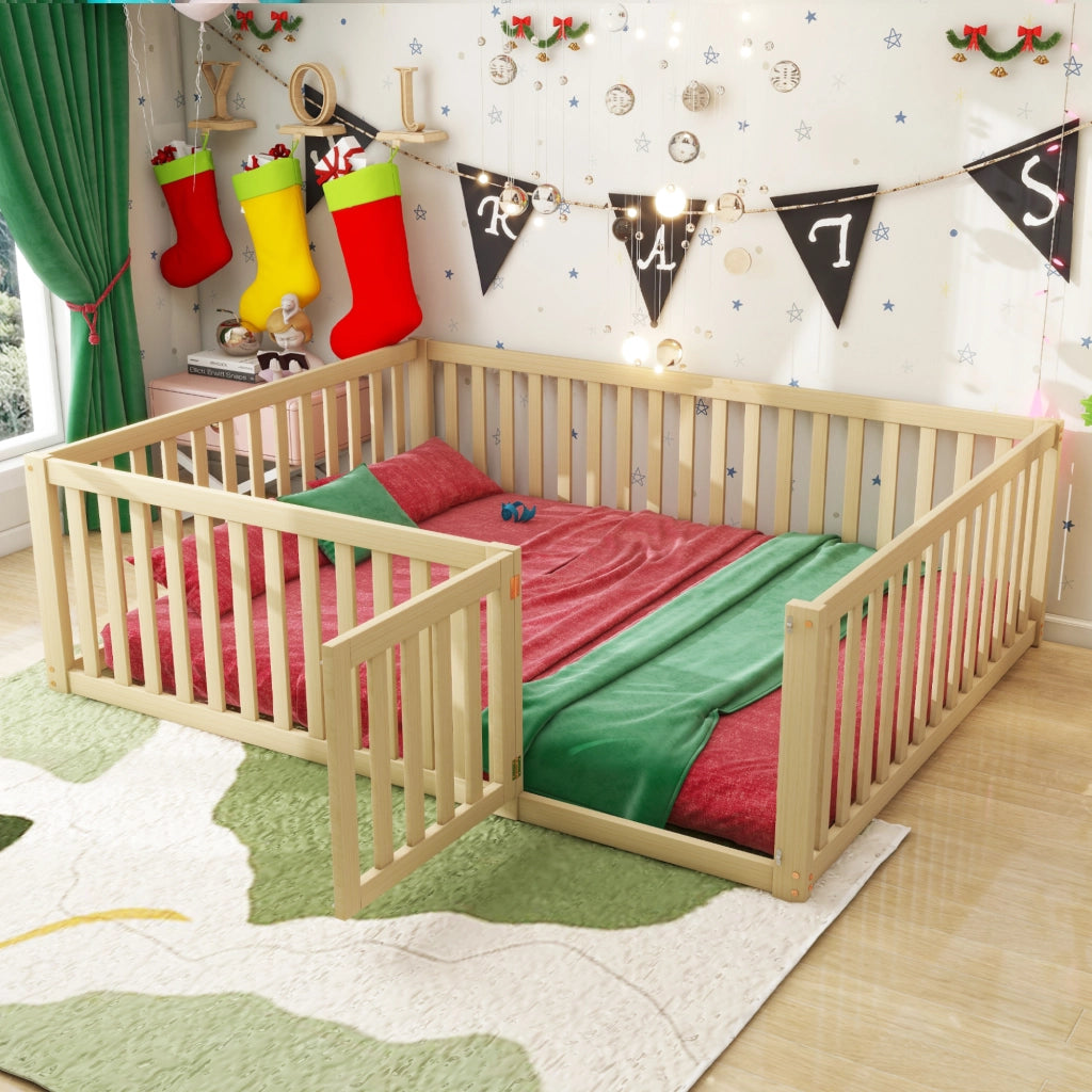 Letto a terra per bambini 140x200 cm in legno con sponde e cancelletto; senza rete; naturale