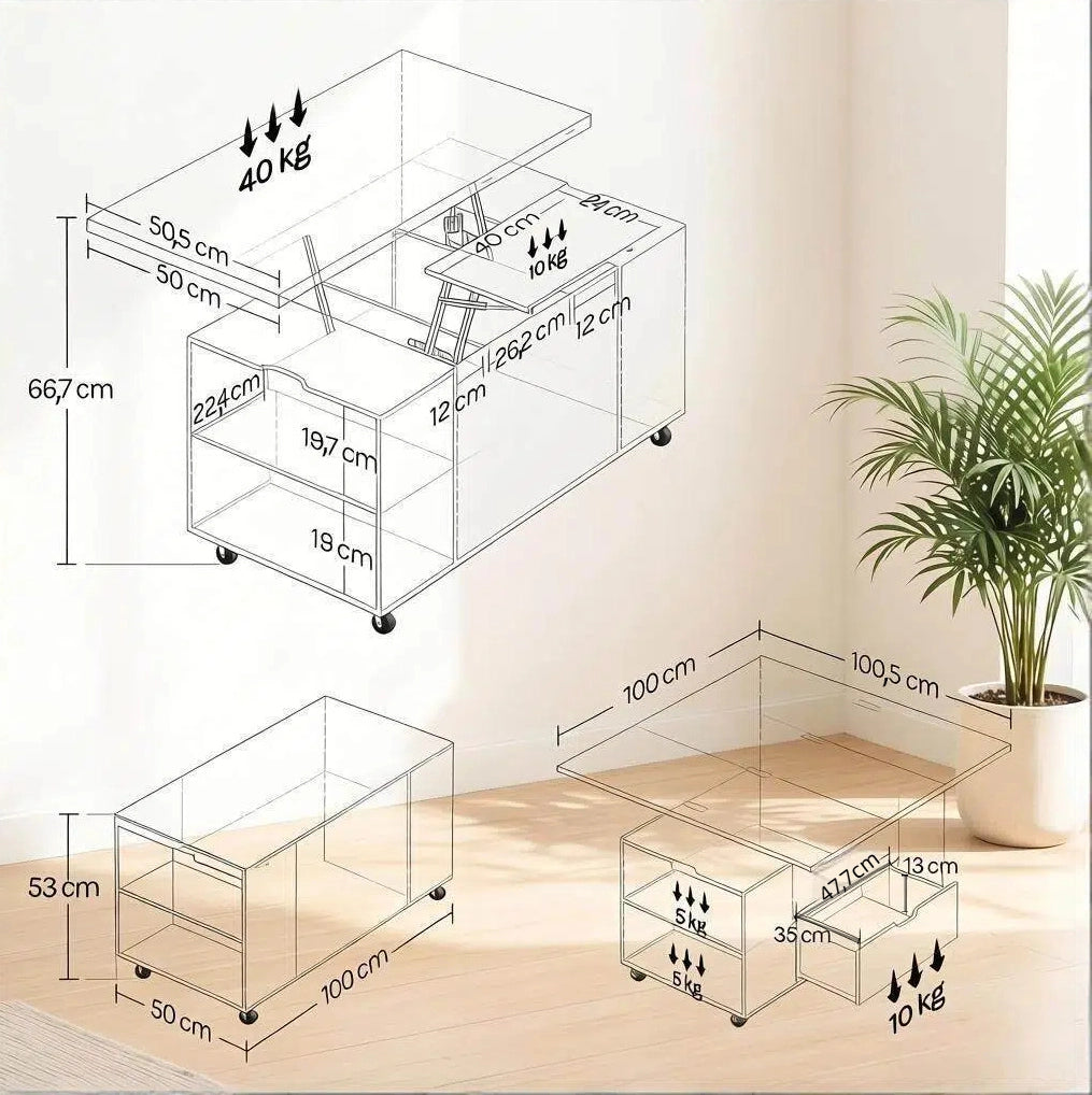 Tavolino elevabile con ruote, cassetto e vano contenitore