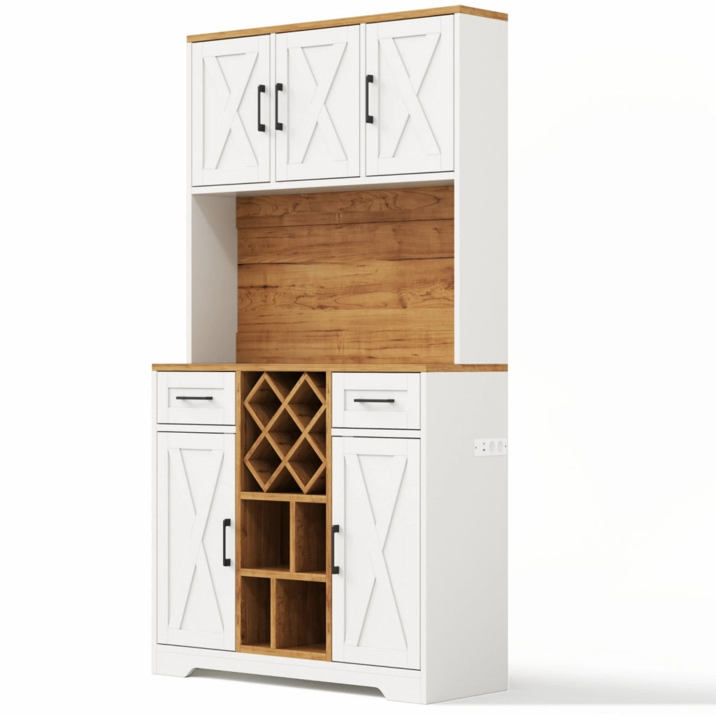 Credenza da cucina LED con 2 cassetti, portabottiglie e prese, in MDF naturale e bianco, 105 × 40 × 180 cm