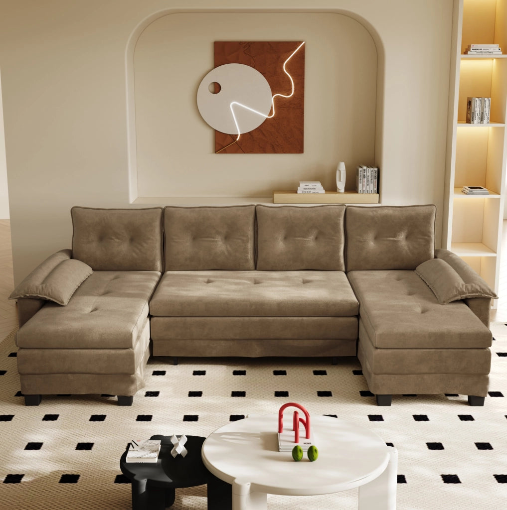 Divano letto modulare a U ULEVR 278x127 cm con letto estraibile, USB e cuscini bracciolo removibili, khaki