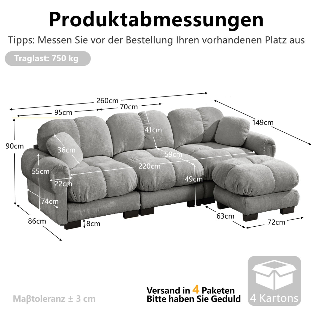 Divano angolare a L a 3 posti in tessuto chenille grigio chiaro con pouf mobile e 2 cuscini decorativi