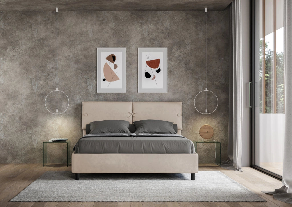 BS COM Letto matrimoniale con rete imbottito 160x190 microfibra sabbia