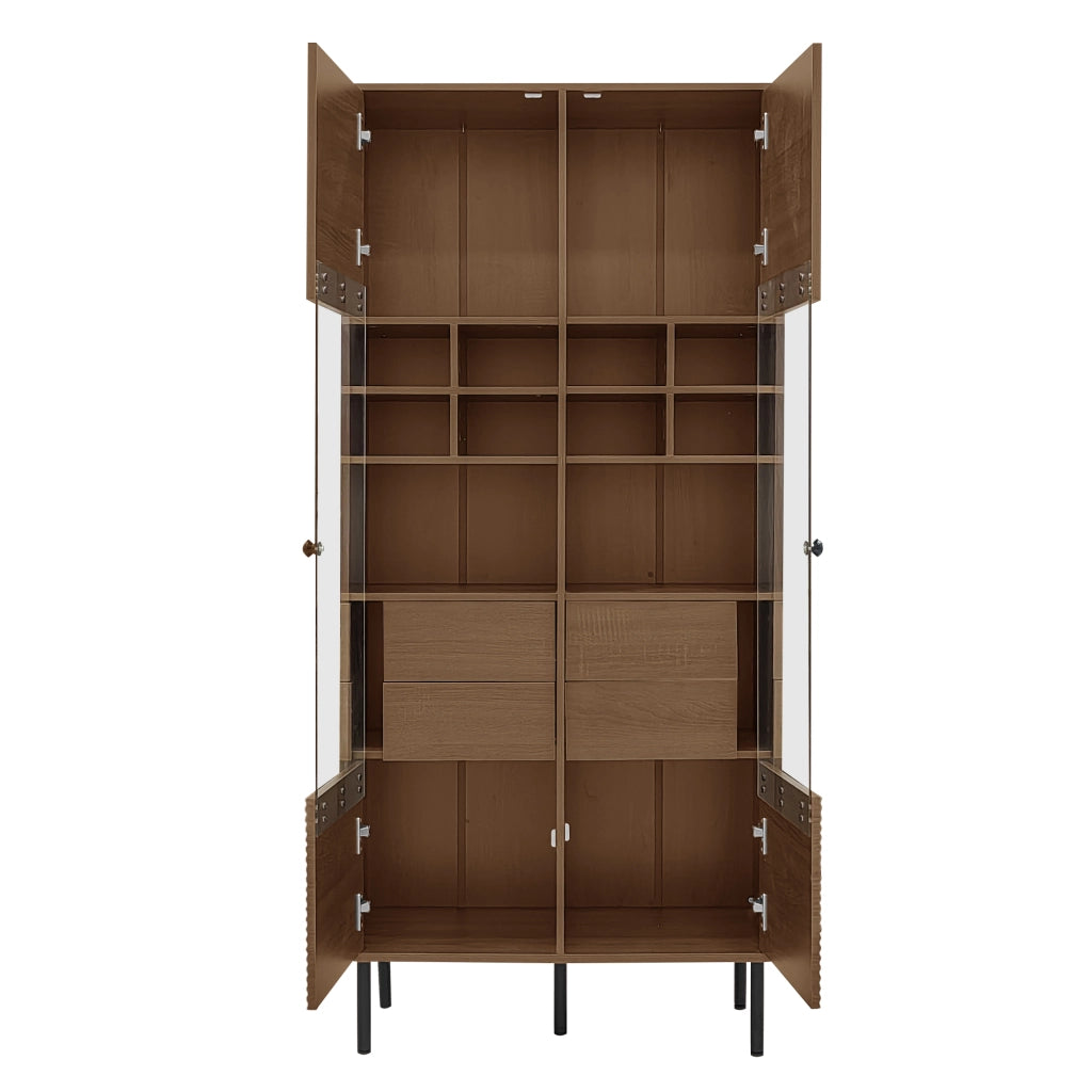 Mobiletto Multiuso Effetto Noce 75;5x35x164;5 cm Vetrina con Ante in Vetro e Cassetti