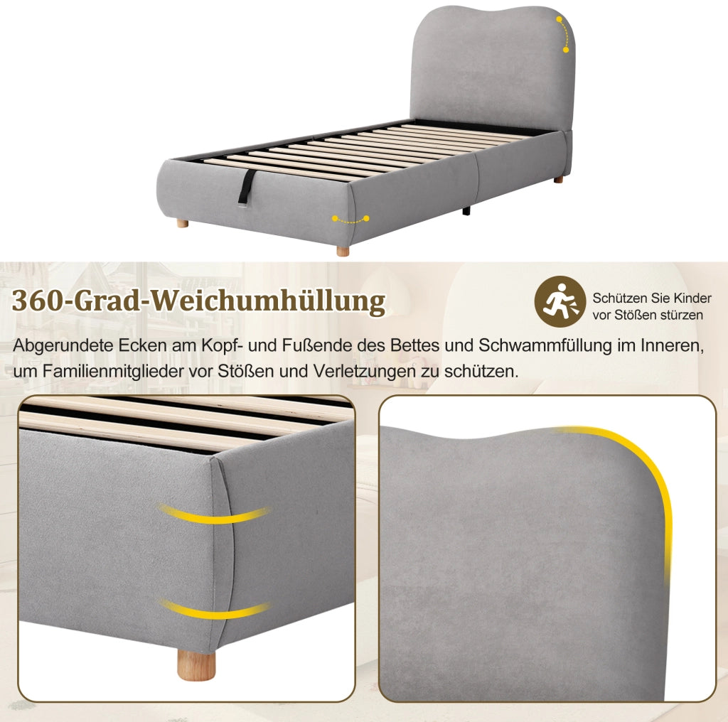 Letto imbottito per bambini grigio con contenitore idraulico