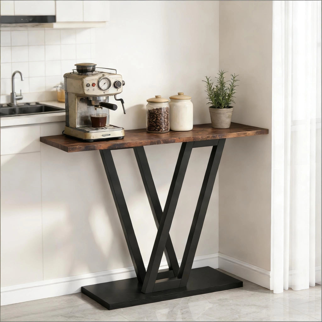Consolle stretta con gambe metalliche a V piano in MDF struttura in metallo nero marrone rustico 110 × 30 × 80 cm