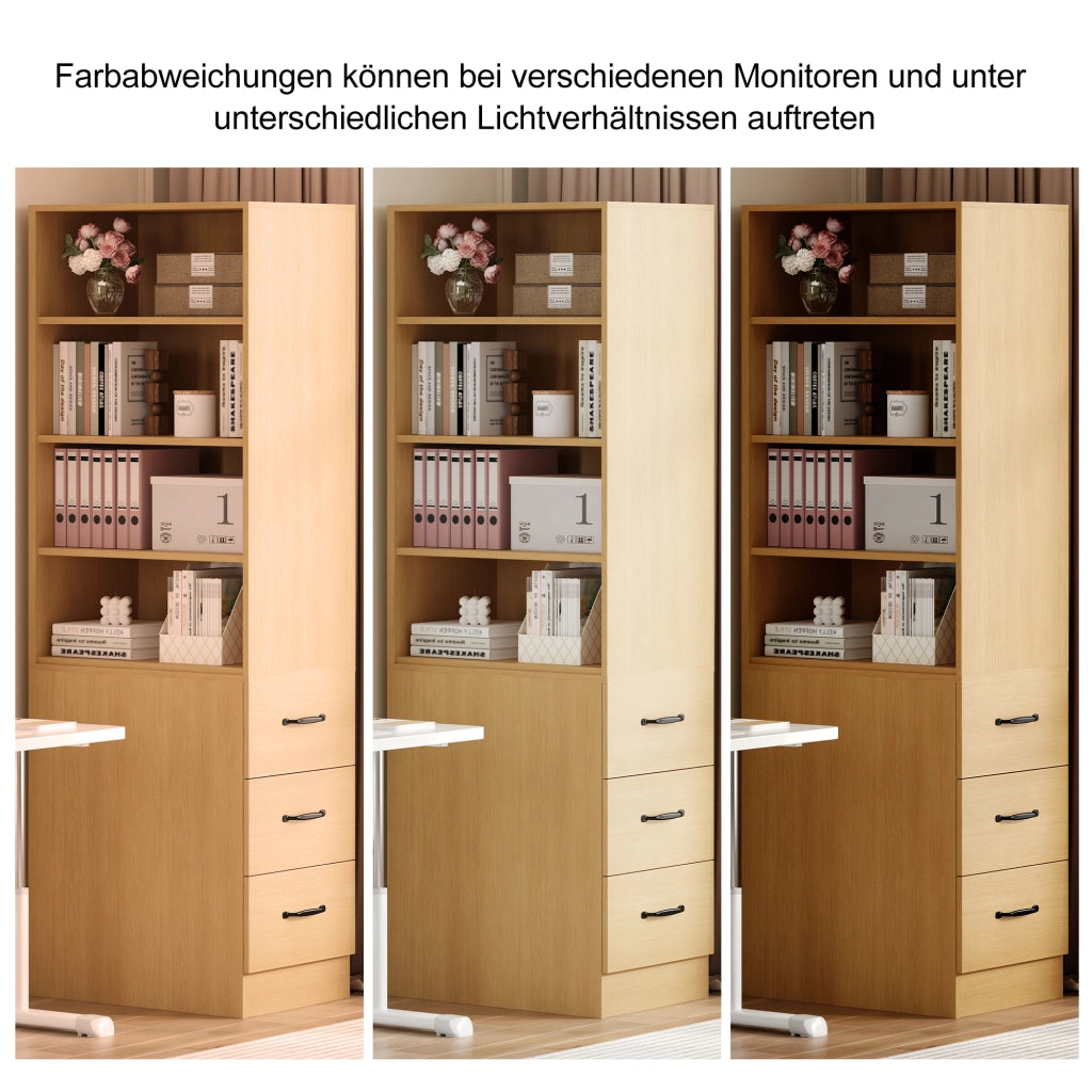 Libreria stretta per piccoli spazi in truciolare; 180 cm; 3 cassetti laterali; ripiani regolabili