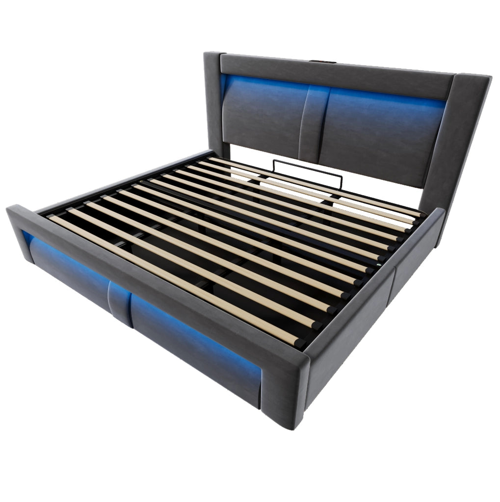 Letto matrimoniale 180x200 cm con contenitore; LED e porte USB; in velluto grigio