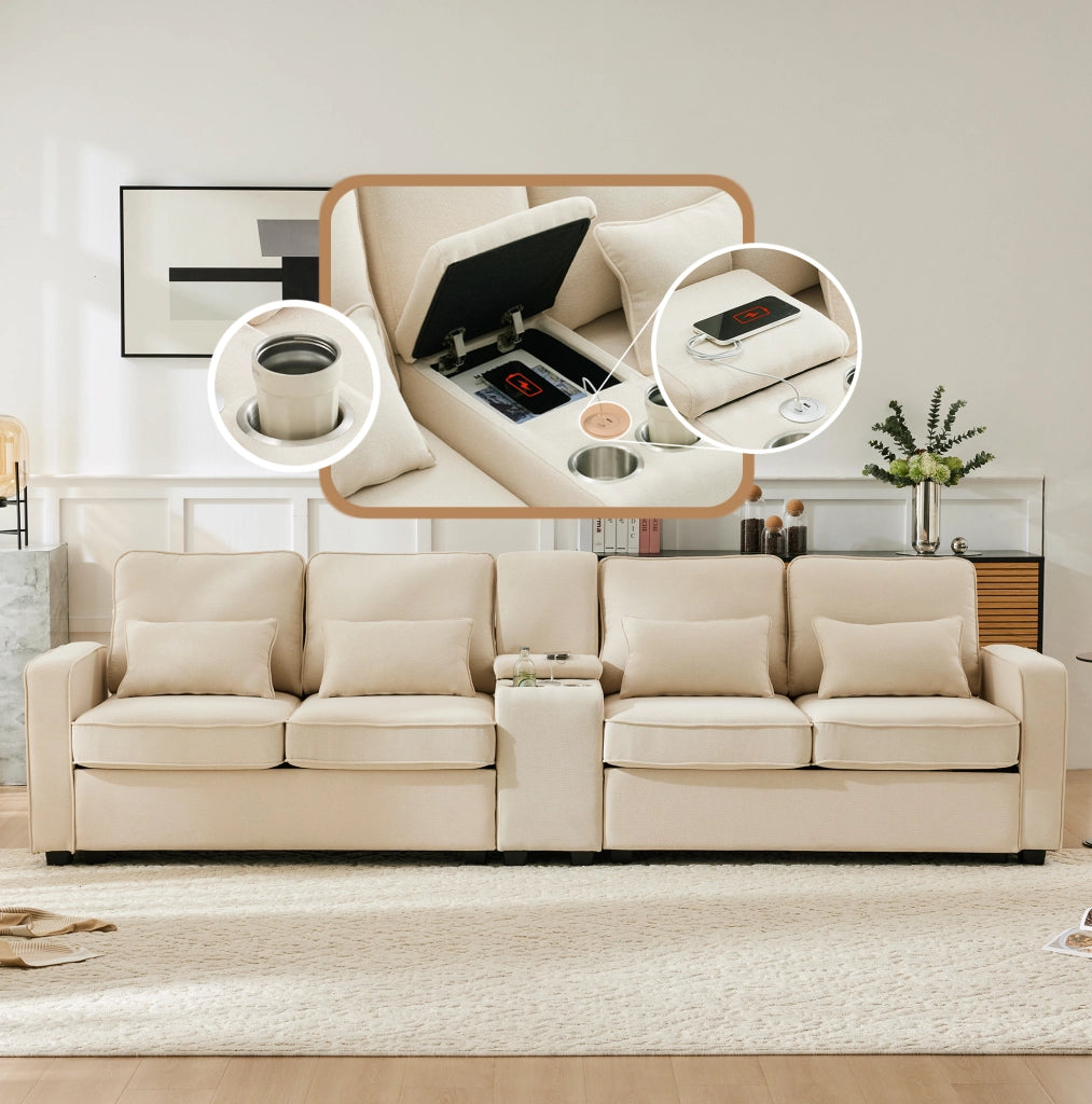 Divano 4 posti beige con USB, portabicchieri e vano contenitore