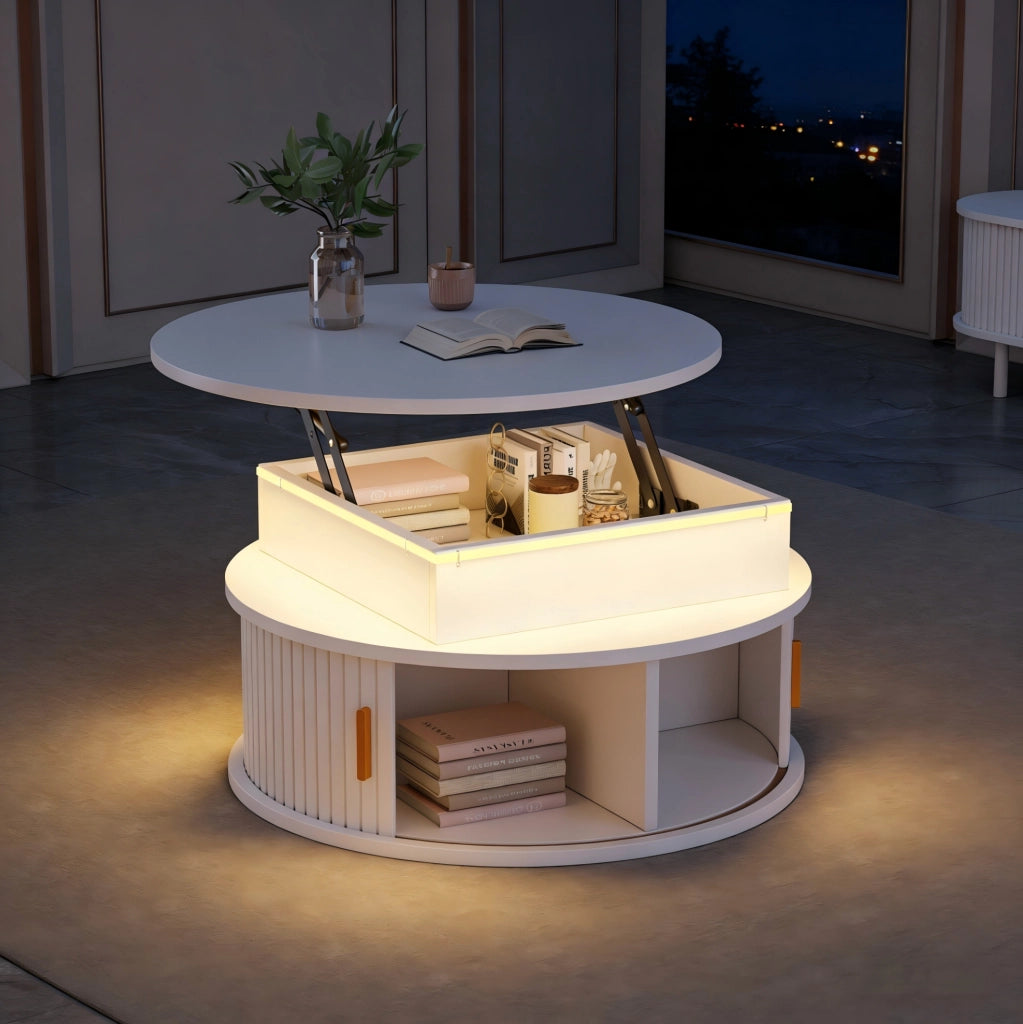 Tavolino rotondo regolabile con LED e vano contenitore bianco