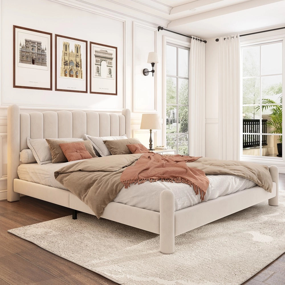 Letto Imbottito con Testiera ¨C MINIMAL ¨C Velluto Beige 160x200