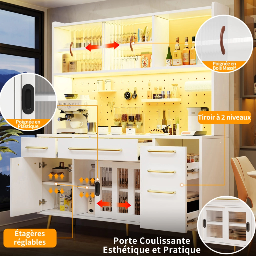Sideboard moderno con LED, armadio alto per cucina e soggiorno con pannello forato, cassetti e porta in vetro, bianco, 145x39x171 cm