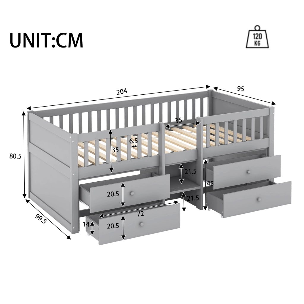 Letto a soppalco singolo 90×200 cm con 4 cassetti; spondali e scala; senza materasso; legno; grigio